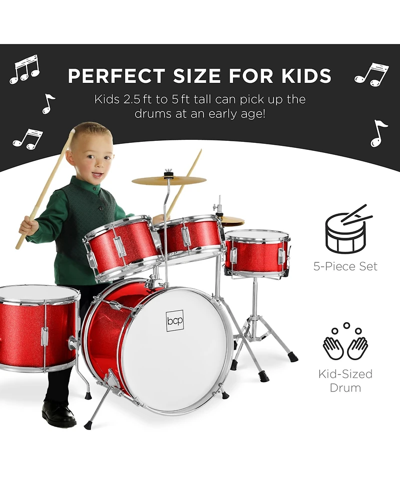 Best Choice Products 5-Piece Kids Beginner Junior Drum Set, Percussion Instrument Starter Kit with Stool
