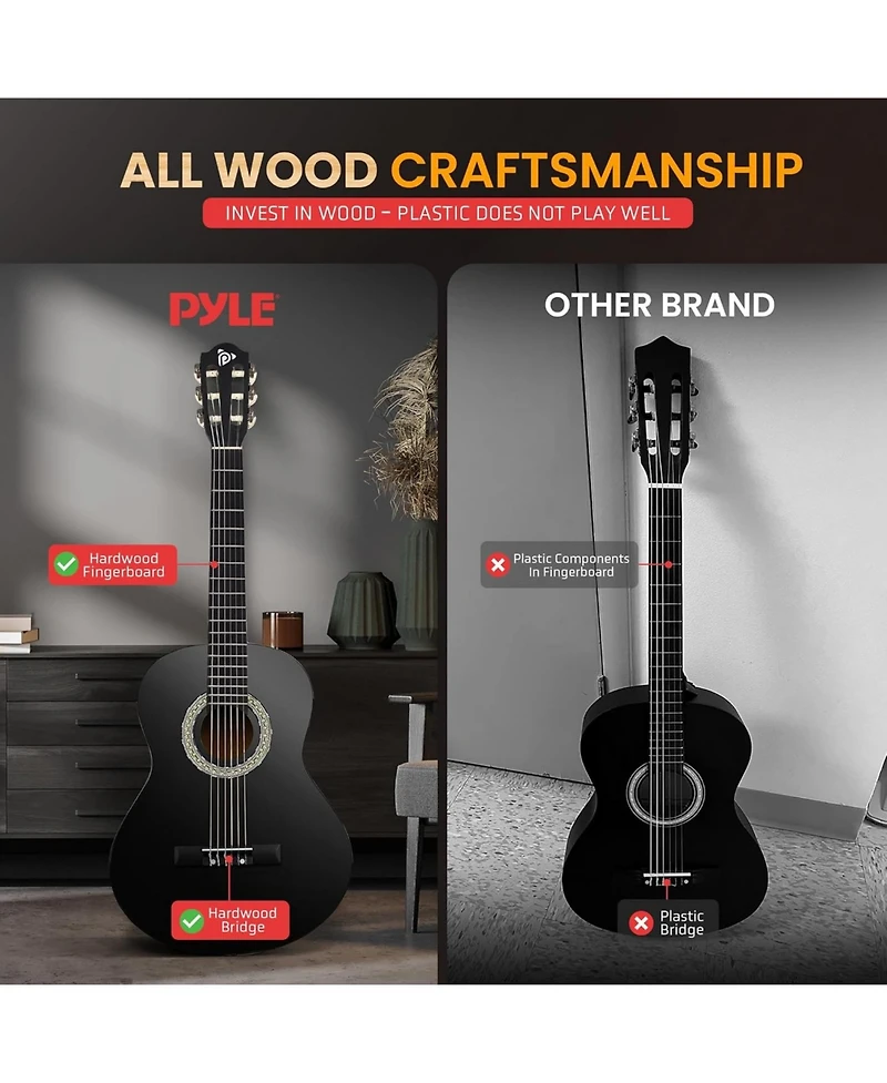 Pyle Beginner Acoustic Guitar Kit, 30" 1/4 Junior Size All-Wood Guitar for Kids & Adults, Easy-Play Design, Black Matte Finish
