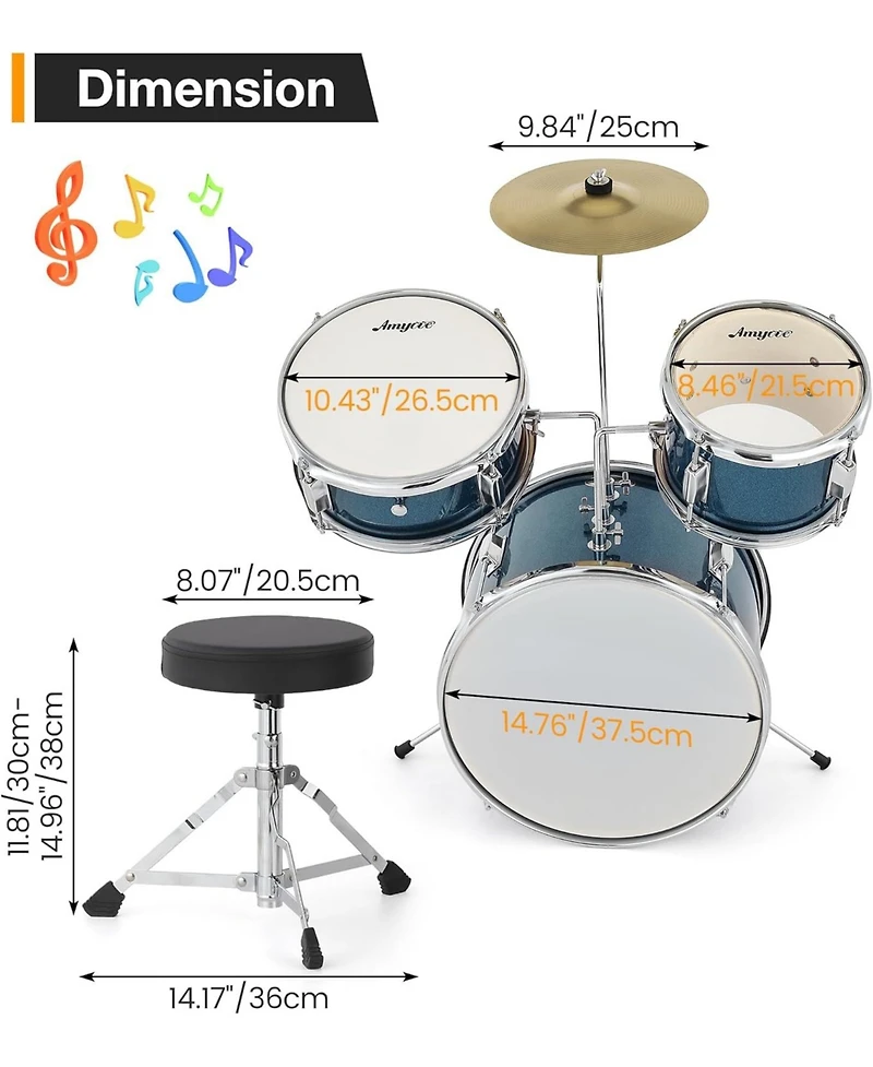 gaomon 3-Piece Kids Acoustic Drum Set - Wood Metal for Starter Drummers Music Learning