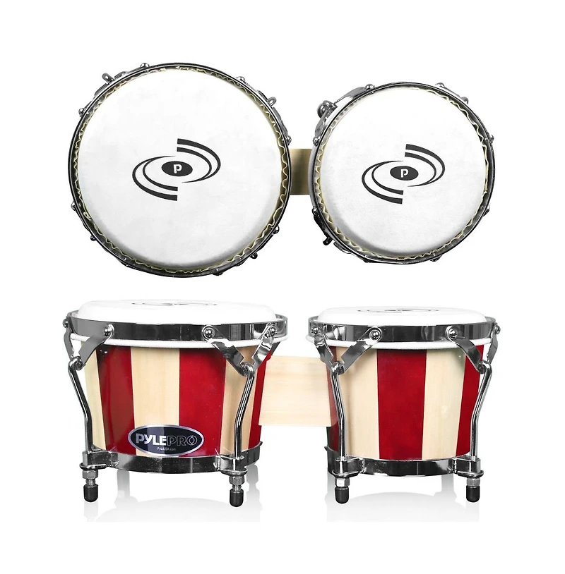 Pyle Hand-Crafted Wooden Bongos - Bongo Drums