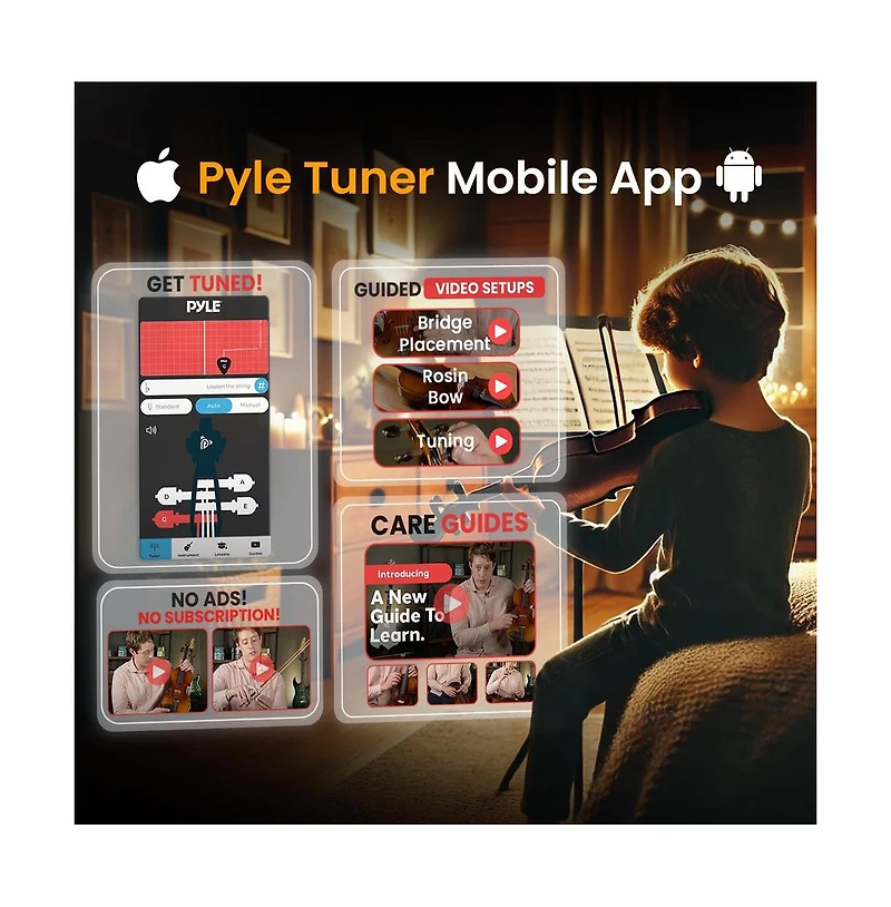 Pyle Premium Solid Wood Full Size Violin Kit, 4/4 Violin Starter Package with Travel Case & Bow, Extra Strings, Digital Tuner