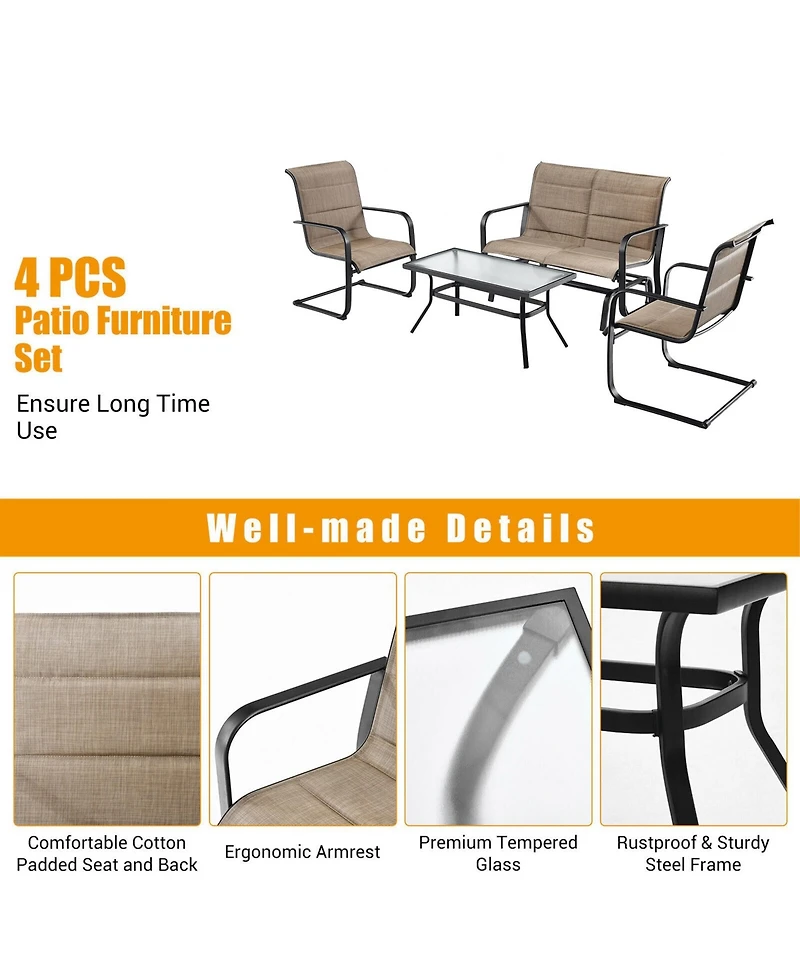 Gymax 4Pieces Patio Conversation Set Cotton Padded Furniture Set with Swing Glider Loveseat