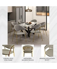 LeisureMod Bella Dining Chair With Arms Upholstered Leather/Velvet Accent Ergonomic Durable Stainless Steel Base for Modern Kitchen, Living Room