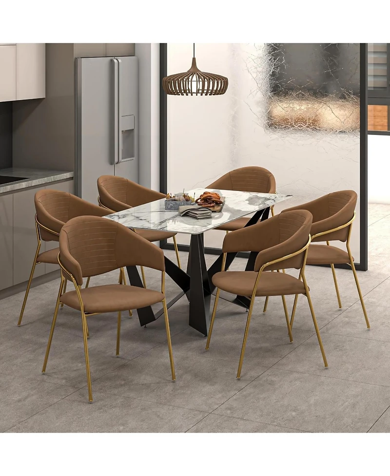 LeisureMod Bella Dining Chair With Arms Upholstered Leather/Velvet Accent Ergonomic Durable Stainless Steel Base for Modern Kitchen, Living Room