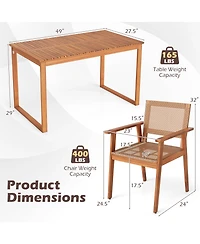 Gymax 5PCS Acacia Wood Dining Set Outdoor Table and Rattan Chairs for Balcony Poolside
