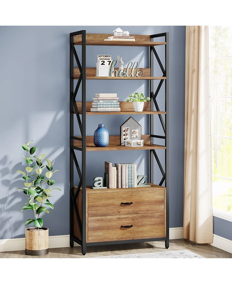 Slickblue 70.86 Inch Industrial Bookshelf with 5 Tier Shelves and 2 Drawers