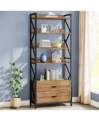 Slickblue 70.86 Inch Industrial Bookshelf with 5 Tier Shelves and 2 Drawers