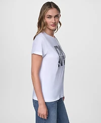 Dkny Jeans Women's Short-Sleeve Newsprint Stacked Logo Crewneck T-Shirt