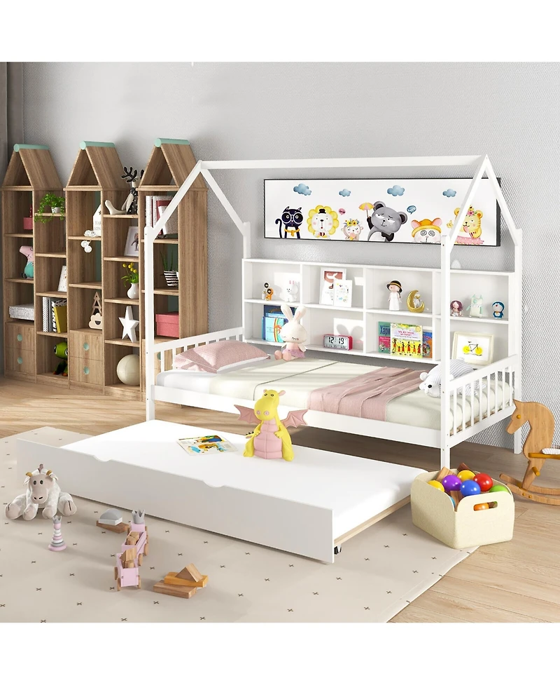 Gymax Twin House Daybed with Trundle Wooden Bed 8 Storage Shelf Compartments