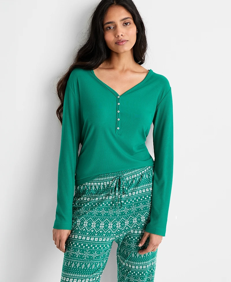 State of Day Women's Long-Sleeve Ribbed Henley Sleep Top Xs-3X, Created for Macy's