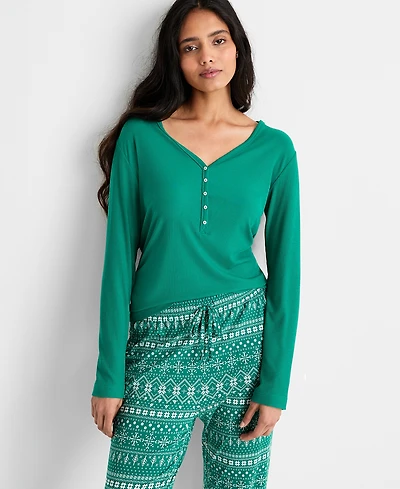 State of Day Women's Long-Sleeve Ribbed Henley Sleep Top Xs-3X, Created for Macy's
