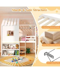 Gymax Twin Size Loft Bed w/ Led Lights and Roof Window and Storage Bookshelf and Guardrails