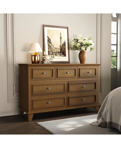 homfan Modern 7 Drawer Dresser for Bedroom - Wide Chest of Drawers Deep Storage Water-Resistant Wood Top Metal Handles Thickened Desktop