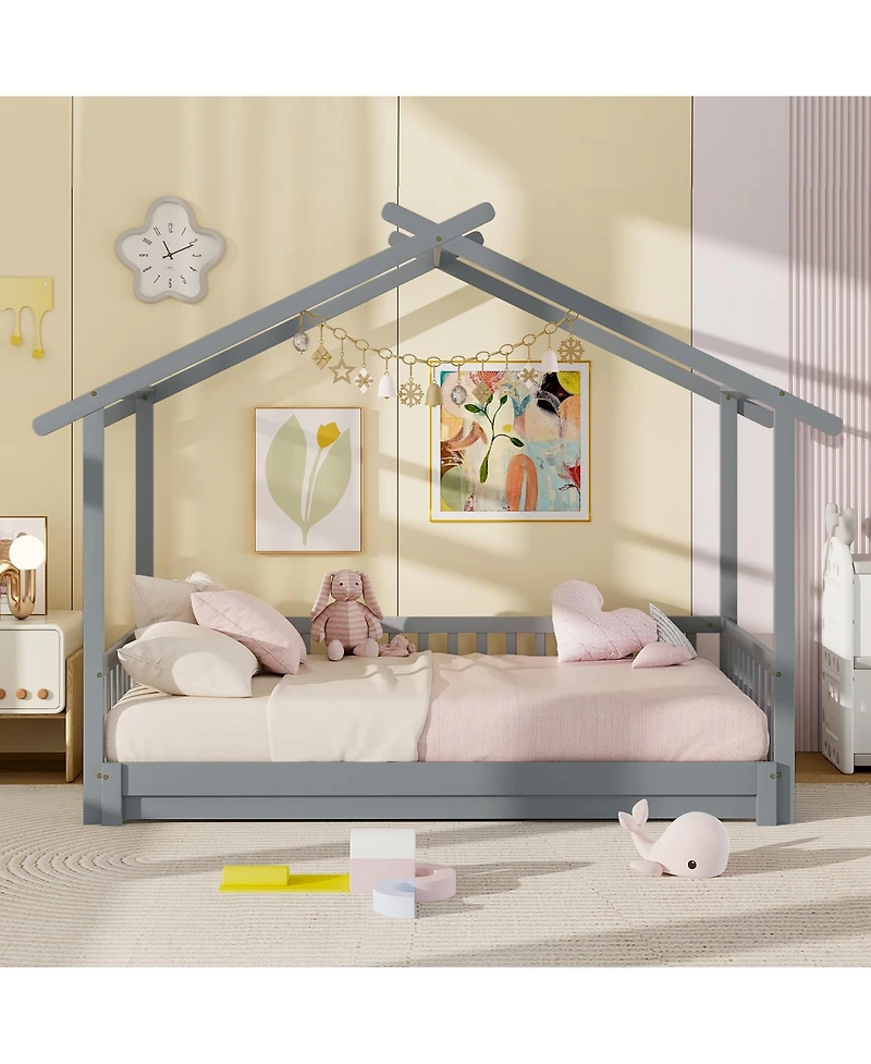 Gymax Wooden House Bed Twin to King Daybed w/ Safety Rails and Decorable Roof