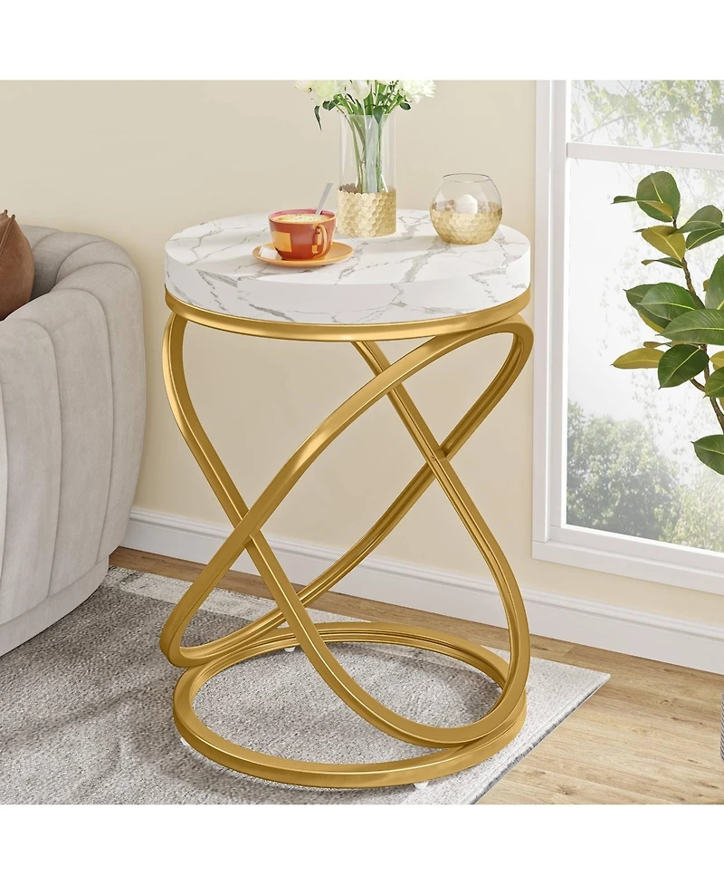 Slickblue Tall Round End Table with Faux Marble Top for Living Room