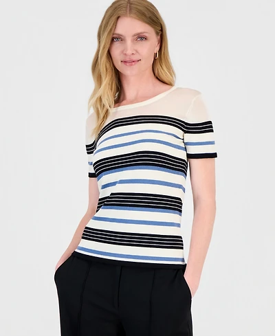 T Tahari Women's Short-Sleeve Striped Crewneck Top