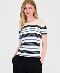 T Tahari Women's Short-Sleeve Striped Crewneck Top