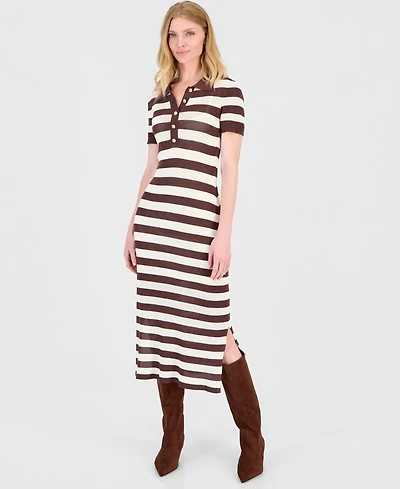 T Tahari Women's Striped Short-Sleeve Polo Midi Dress