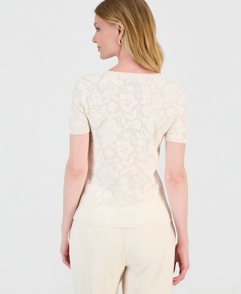T Tahari Women's Burnout Floral Crewneck Top