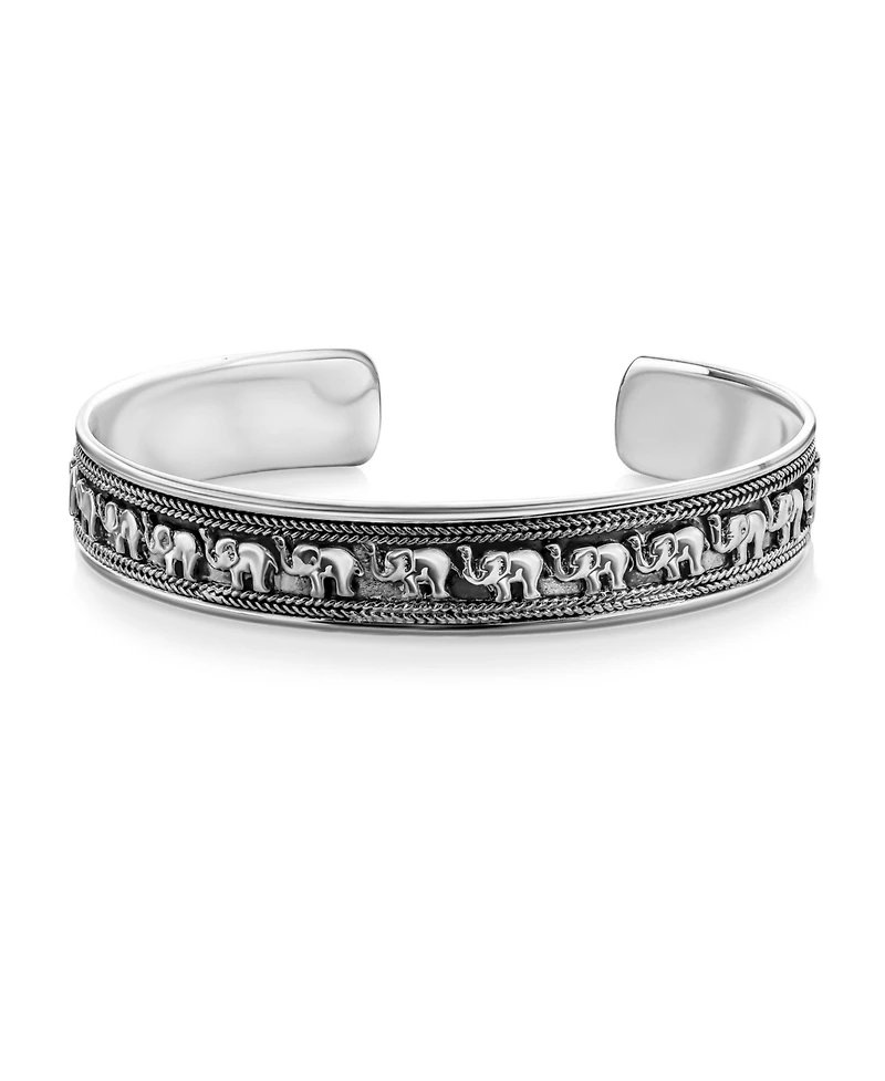 Bling Jewelry Bali Style Lucky Multi Elephant Bangle Cuff Bracelet Solid Heavy Oxidized .925 Sterling Silver