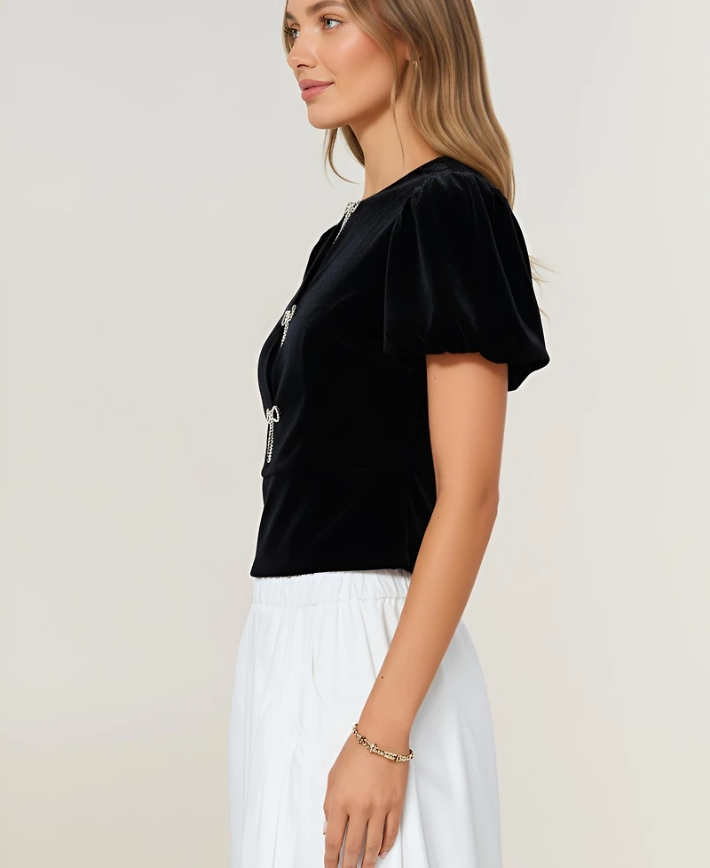 Modenaire Women's Velvet Puff Sleeve Keyhole Rhinestone Bow Top