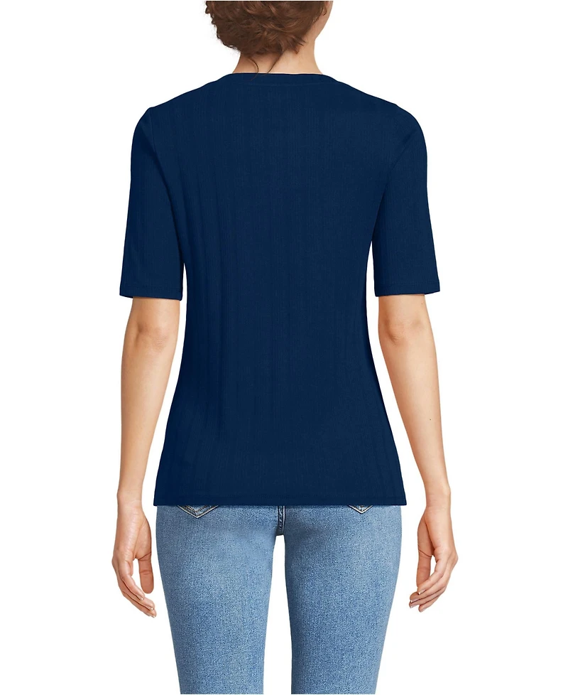 Lands' End Women's Elbow Sleeve Variegated Micro Rib Scoop Neck Henley
