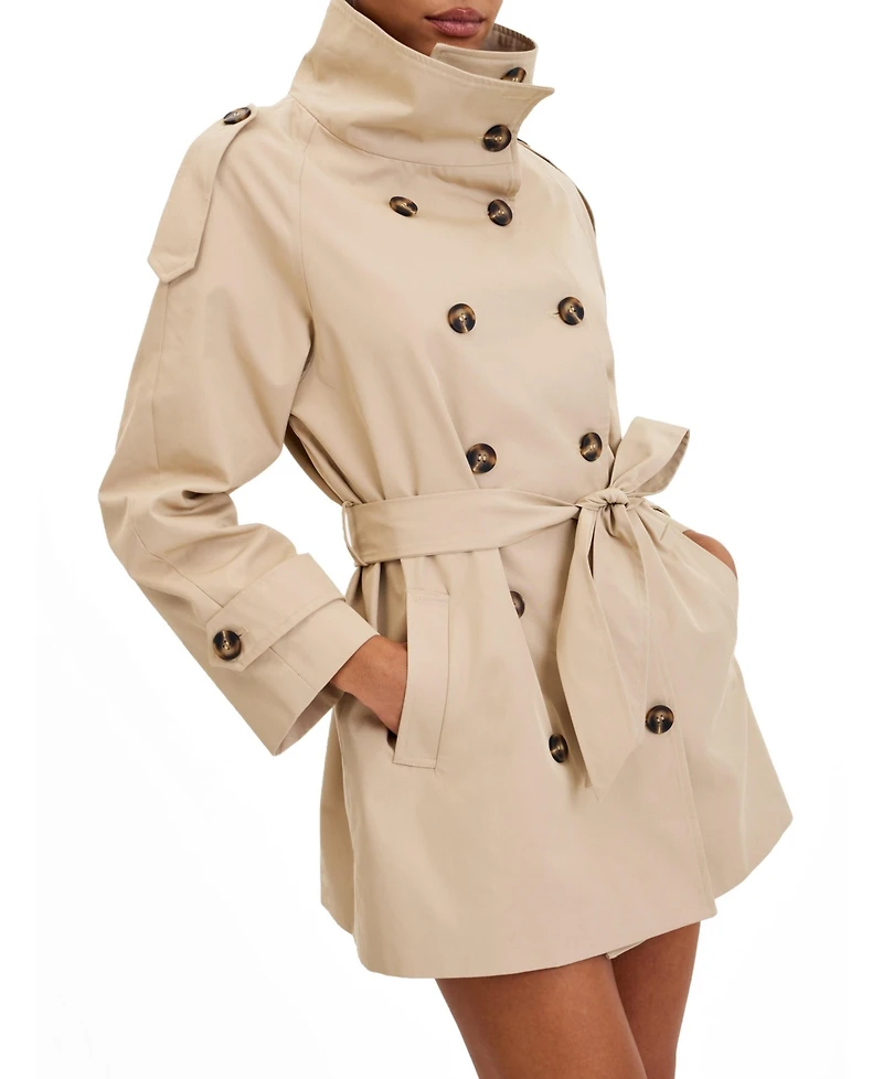 Miss Circle Women's Vanetta Tan High Collar Double-Breasted Trench Mini Coat