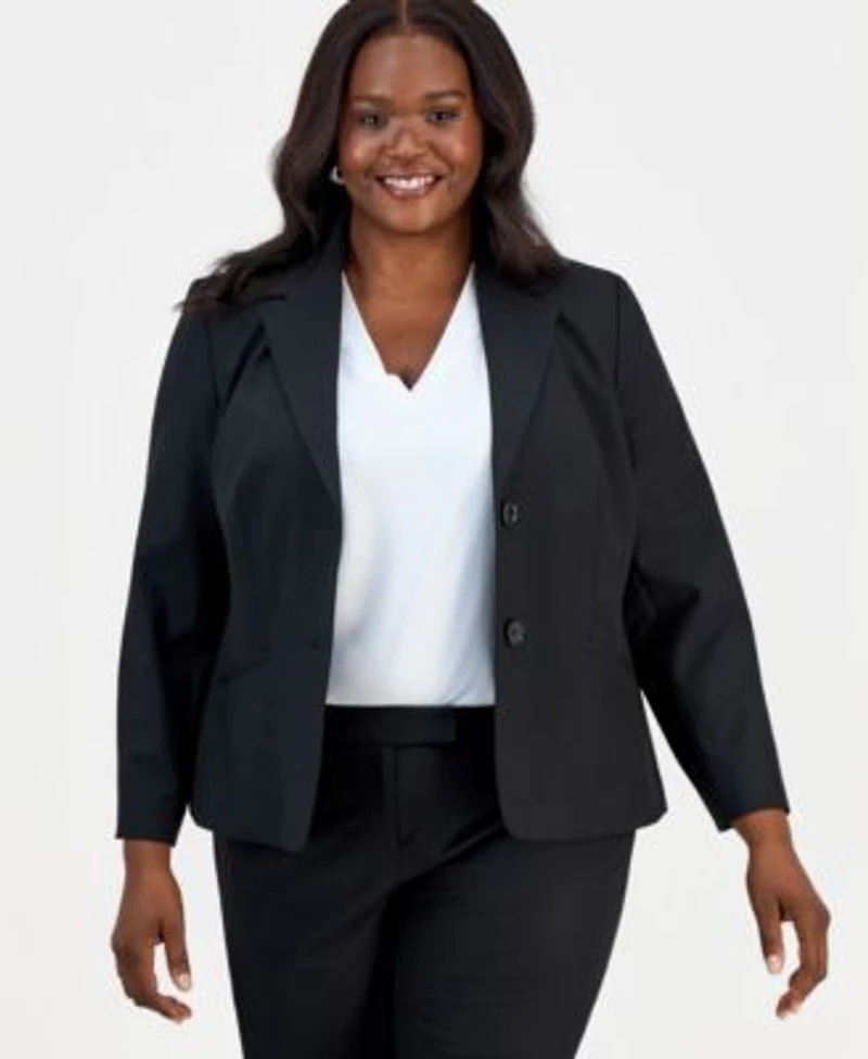 Kasper Plus Size Washable Bi Stretch Notched Collar Two Button Blazer Straight Leg Pants