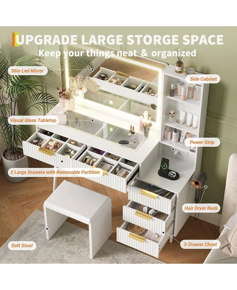 gaomon 48" Modern Vanity Desk with Glass Top, Led Mirror, 5 Drawers, 3 Shelves & Charging Station