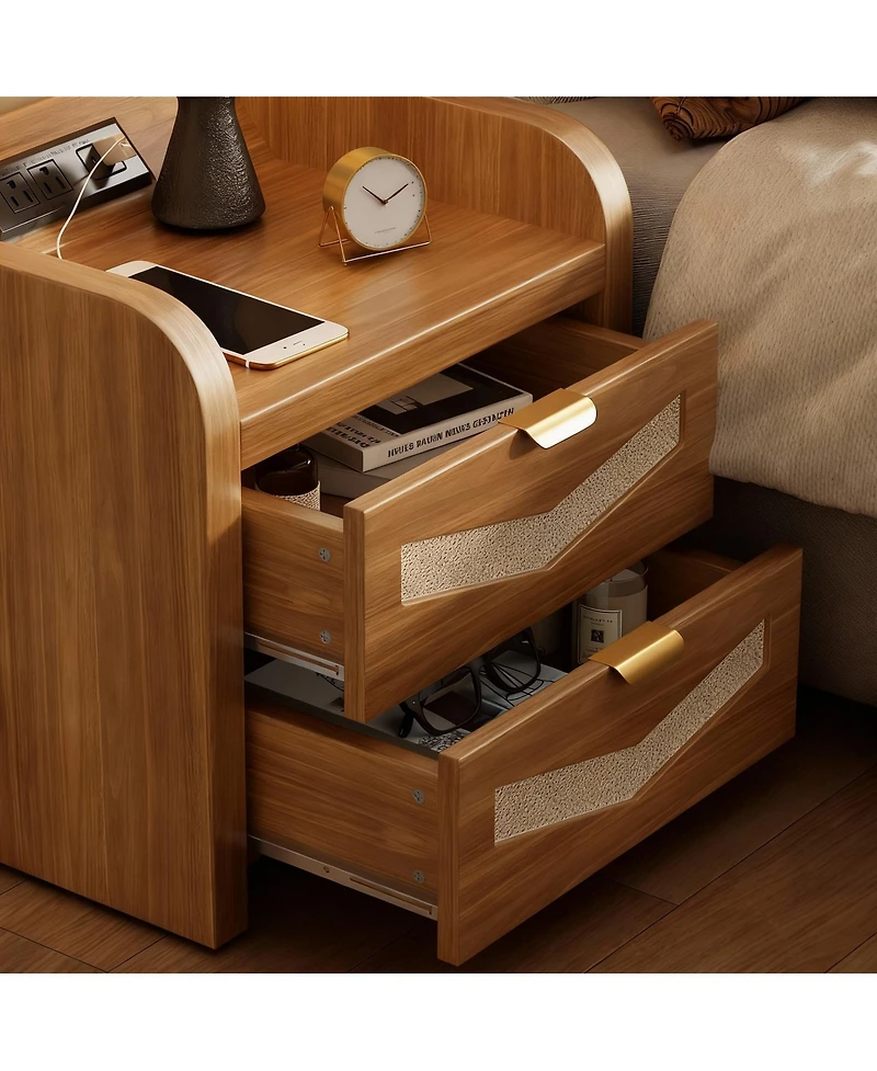 Yigii 2 Drawer Rattan Charging Ports Nightstand Set
