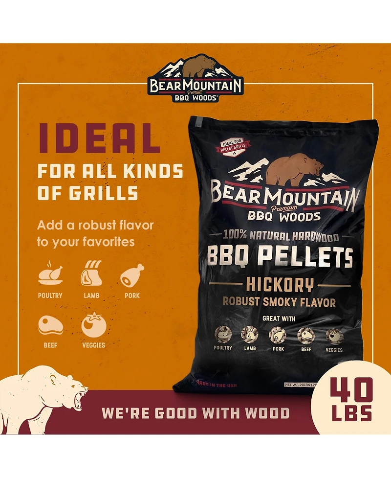 Bear Mountain Bbq Premium All-Natural Hardwood Hickory Smoker Pellets, 40 Pounds