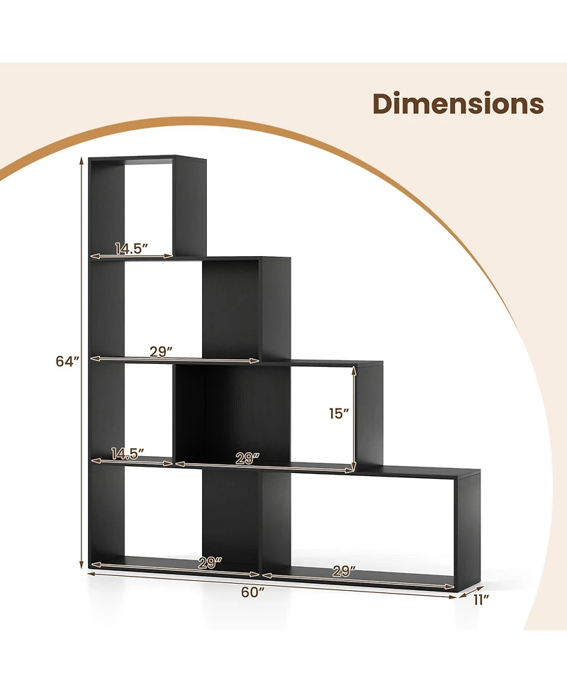 Gymax 2 Piece 4 Tier Bookshelf with 6 Storage Cubes 64 Inch Tall Modern Geometric Stair Bookcase