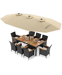 Costway 11 Pcs Patio Wicker Dining Set with Double-Sided Outdoor Umbrella 8 Stackable Chairs