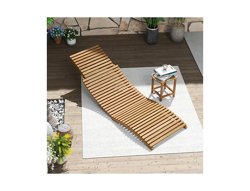 Clihome Teak Wood Patio Folding Chaise Lounge Chair with Slatted Seat