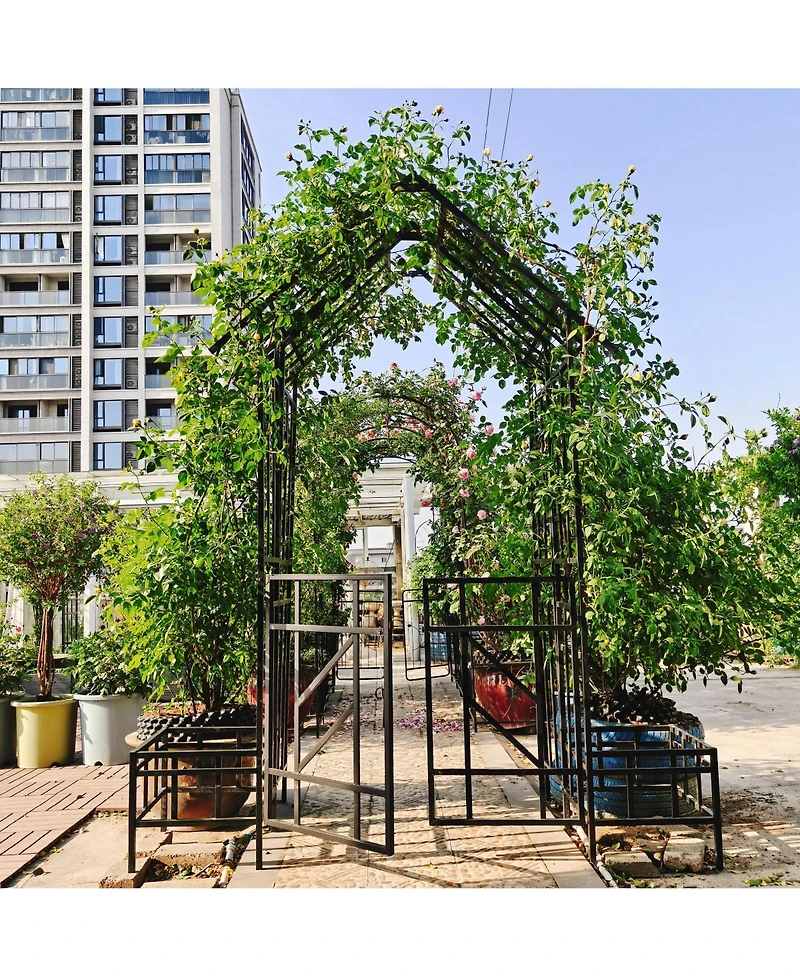 Clihome Metal Garden Arch with Gate with planter W80.71H97.24 Climbing Plants Support Rose Arch Outdoor