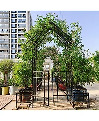 Clihome Metal Garden Arch with Gate with planter W80.71H97.24 Climbing Plants Support Rose Arch Outdoor
