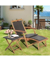 Clihome 2 Pieces Patio Rattan Folding Lounge Chair with Acacia Wood Table