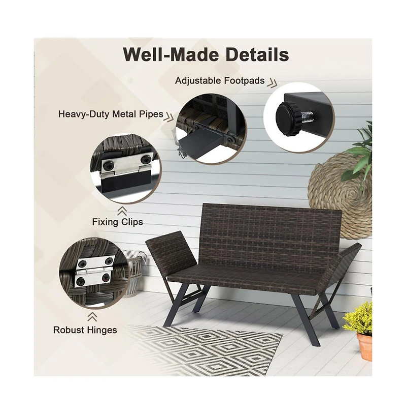 Boyel Living Patio Convertible Sofa for 2 Quick Dry Foam Padded Rattan with Armrests