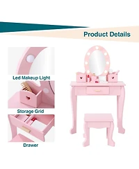 gaomon Wooden Kids Vanity Table with Lighted Mirror & Stool, Makeup Playset for Girls Ages 4-9,