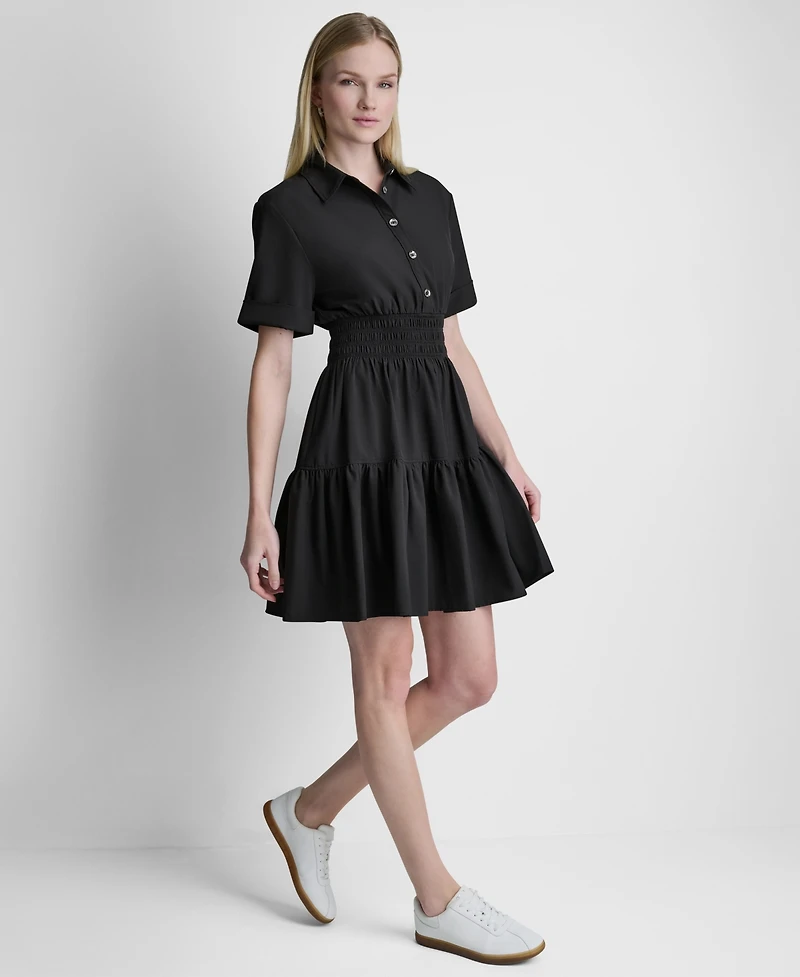 Dkny Women's Short-Sleeve Smocked Waist Tiered Shirt Dress