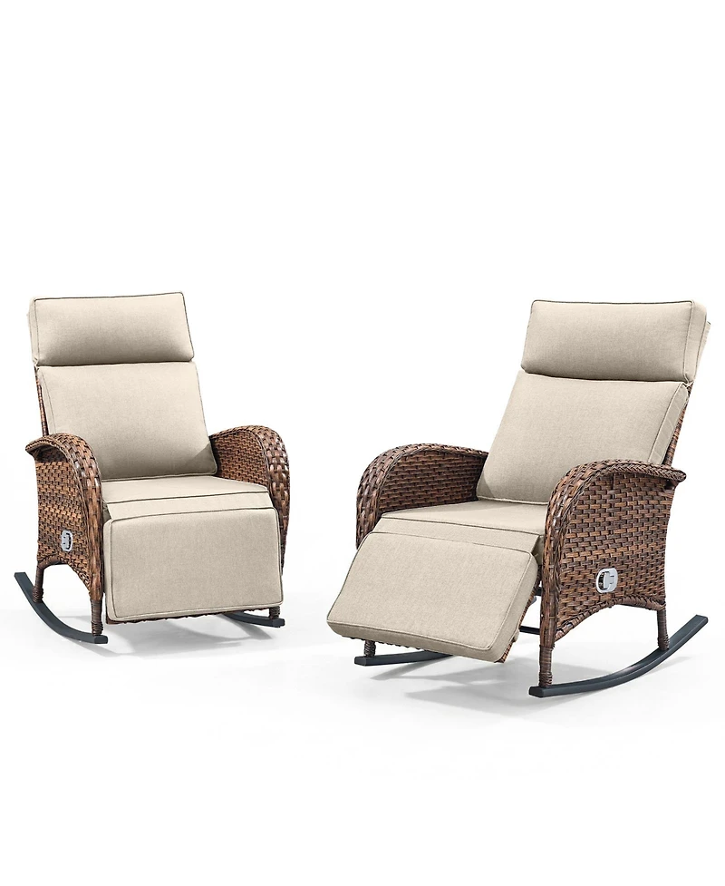 Pocassy 2 Pieces Outdoor Rocking Chair, Wicker Lounge Chair with Adjustment Backrest, Pe Rattan Patio Recliner Adjustable Footrest and Cushions