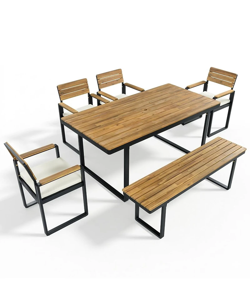 Asagikoiai 6-Piece Acacia Wood Outdoor Dining Set with Cushions and Bench, Patio Furniture for 6-Asagikoiai