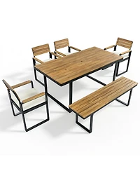 Asagikoiai 6-Piece Acacia Wood Outdoor Dining Set with Cushions and Bench, Patio Furniture for 6-Asagikoiai