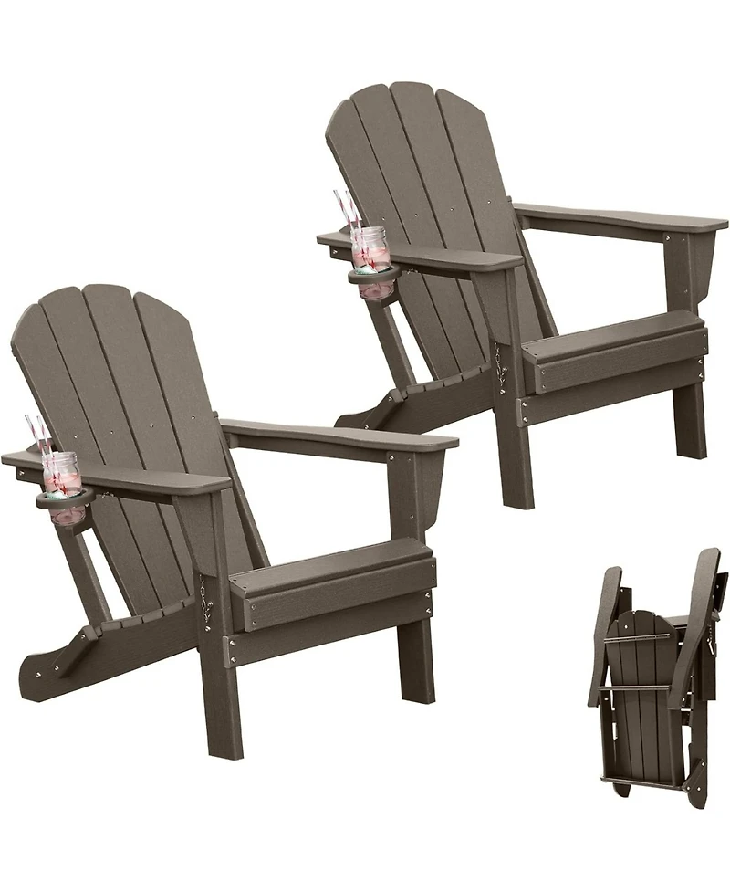 Clihome Folding Outdoor Adirondack Chairs with Cup Holders (Set of 2)