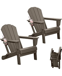 Clihome Folding Outdoor Adirondack Chairs with Cup Holders (Set of 2)