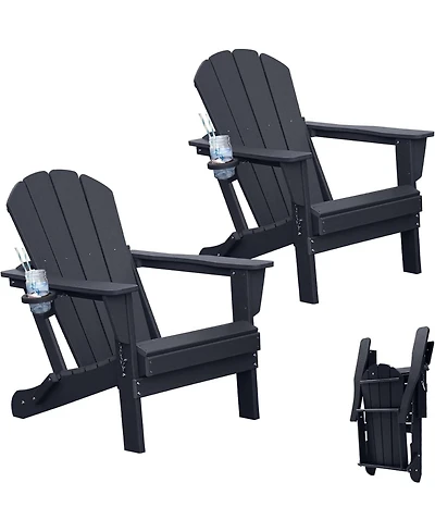 Clihome Folding Outdoor Adirondack Chairs with Cup Holders (Set of 2)