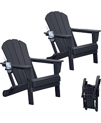 Clihome Folding Outdoor Adirondack Chairs with Cup Holders (Set of 2)
