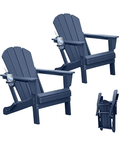 Clihome Folding Outdoor Adirondack Chairs with Cup Holders (Set of 2)