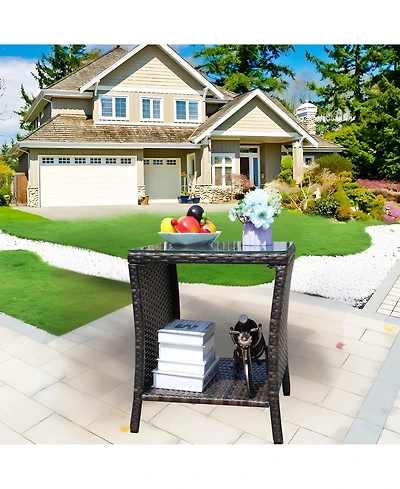 Clihome Outdoor Patio Coffee Table Pe Rattan Coffee Table with Tempered Glass Top