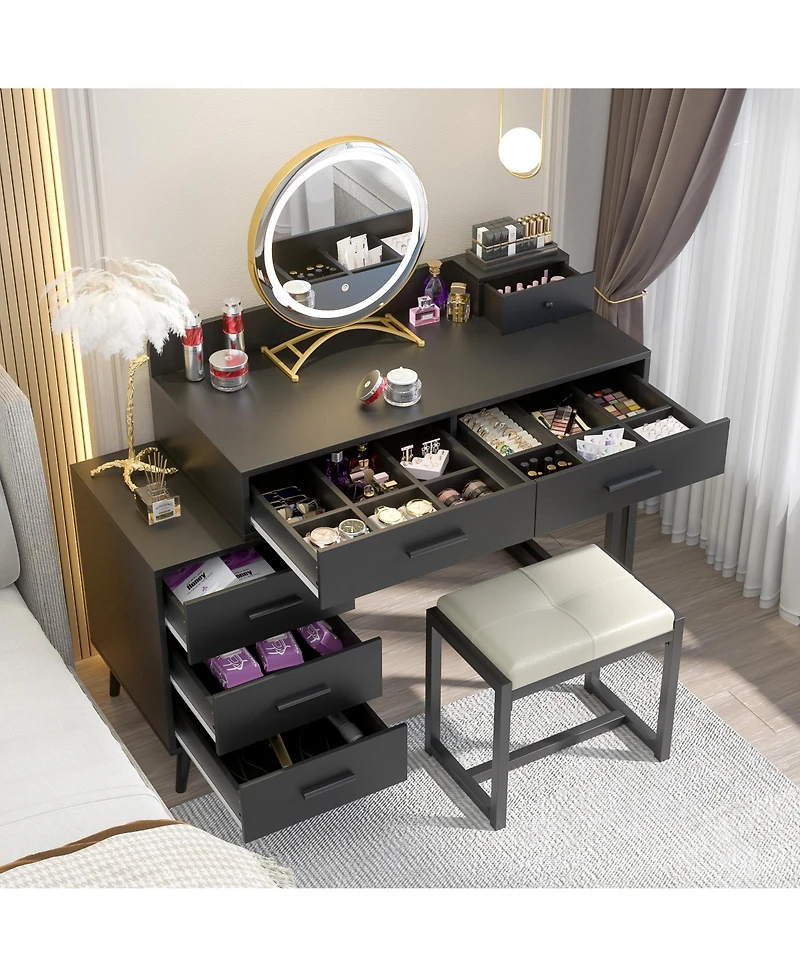 Aheaplus Vanity Desk with Mirror and Lights, Makeup Set 6 Drawers Stool